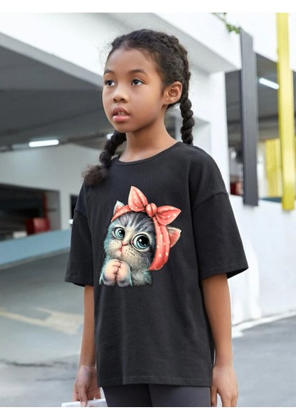 Çocuk Oversize Tatlı Kedi Pamuklu Bisiklet Yaka T-Shirt