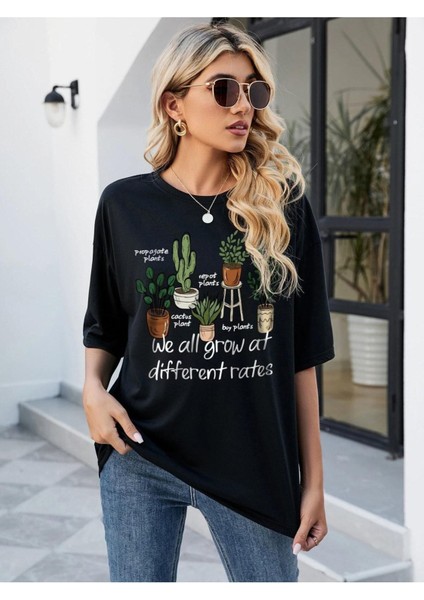 Kaktüs Baskılı Oversize Tshırt