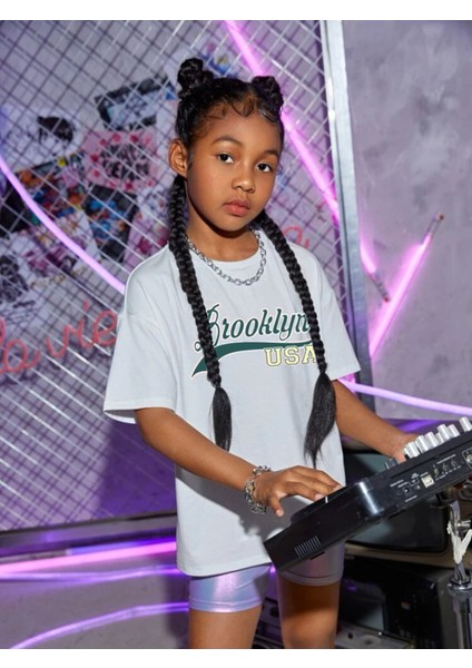 Çocuk Oversize Brooklyn Pamuklu Bisiklet Yaka Tişört