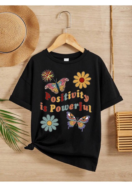 Rahat Kalıp Pamuklu Baskılı Siyah Çocuk T-Shirt