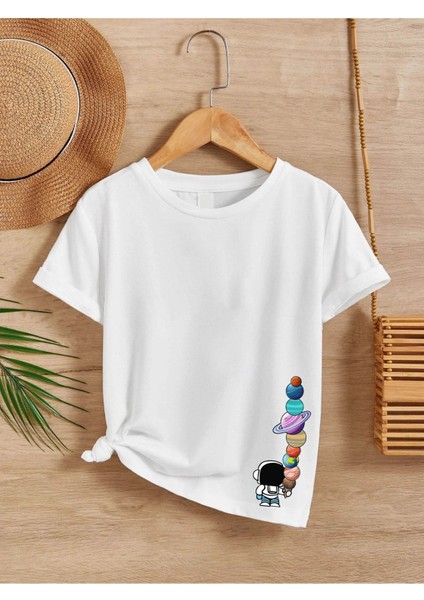 Rahat Kalıp Pamuklu Baskılı Beyaz Çocuk T-Shirt