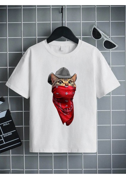 Rahat Kalıp Pamuklu Baskılı Beyaz Çocuk T-Shirt