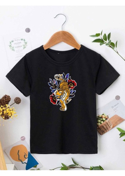 Rahat Kalıp Pamuklu Baskılı Siyah Çocuk T-Shirt