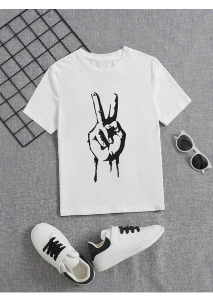 Rahat Kalıp Pamuklu Baskılı Beyaz Çocuk T-Shirt