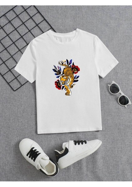 Rahat Kalıp Pamuklu Baskılı Beyaz Çocuk T-Shirt