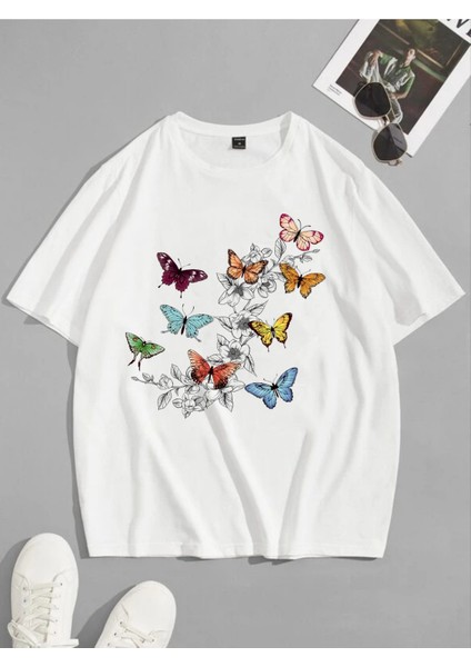 Çok Çok Kelebek Baskılı Oversize Tshırt