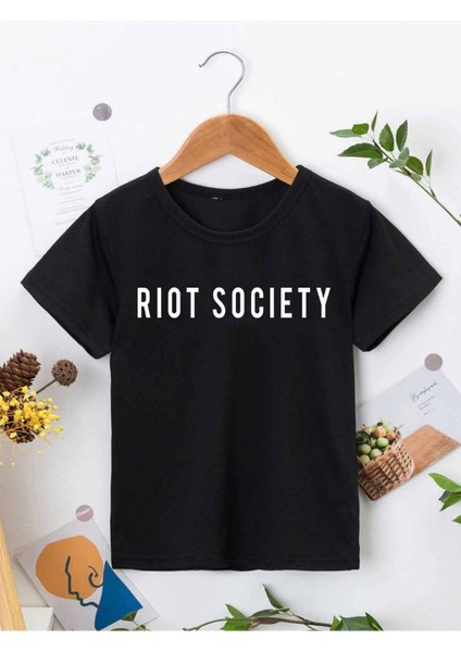 Rahat Kalıp Pamuklu Riot Society Baskılı Siyah Çocuk T-Shirt