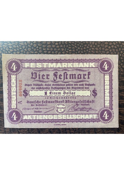 Alman Reich Dönemi 1923  Deutsches Reich  Vier (4) Festmark 1 Dollar Festmarkbank Aktiengesellschaft Bremen  Nadir   Çil (Uncirculated Unc)