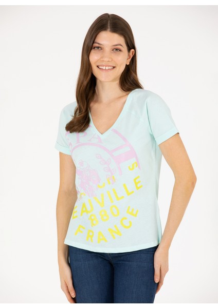 V Yaka Açık Turkuaz Kadın T-Shirt GAHEN fiyatları