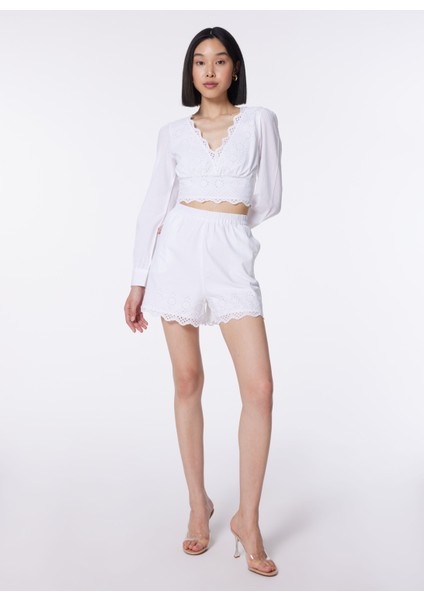 Normal Bel Normal Beyaz Kadın Şort Onllou Lıfe Emb Loose Shorts Ptm