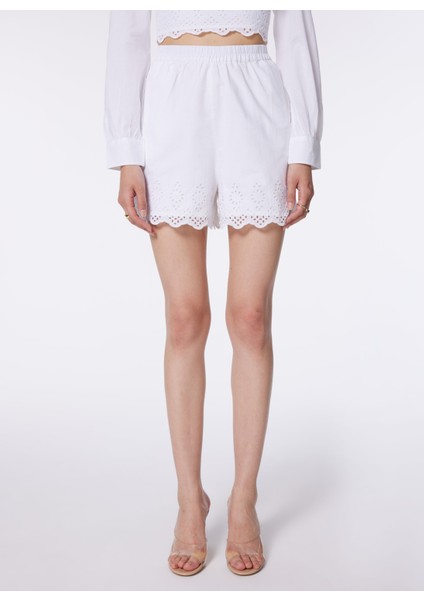 Normal Bel Normal Beyaz Kadın Şort Onllou Lıfe Emb Loose Shorts Ptm fırsatları