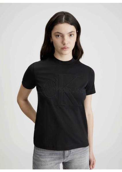 Bisiklet Yaka Baskılı Siyah Kadın T-Shirt J20J223362BEH