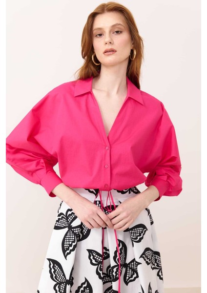 Beli Büzgülü Crop Poplin Gömlek Fuşya Y2413522_003