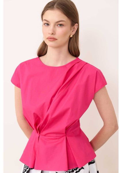 Drape Detaylı Peplum Poplin Bluz Fuşya Y2413026_003