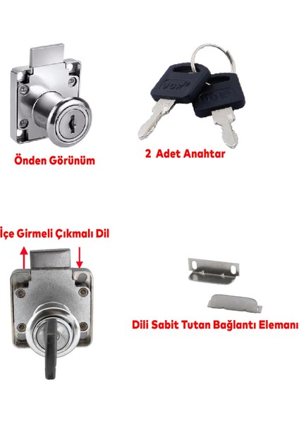 Mobilya Çekmece Dolap Kilidi Nikel Krom 2 Anahtarlı Kilit 4x4 cm 22 mm