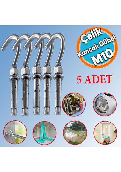 Kancalı Çelik Dübel M10 (5 Adet) Salıncak Boks Torbası Avize Için Gömlekli Açık Ağız Kanca