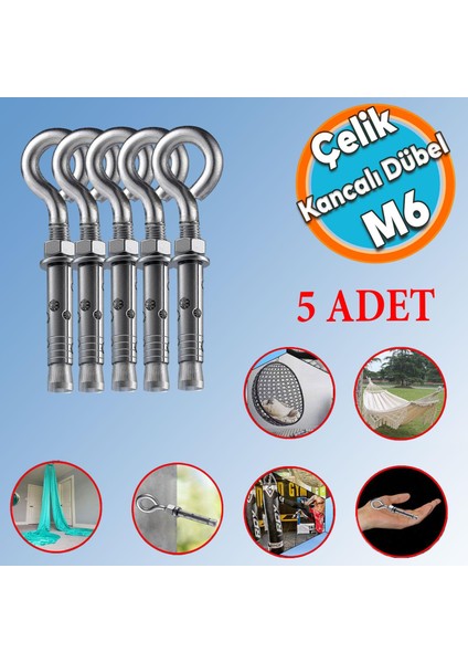 Kancalı Çelik Dübel M6 (5 Adet) Salıncak Boks Torbası Lamba Avize Için Gömlekli Kapalı Ağız Kanca