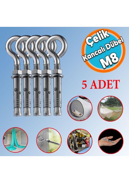 Kancalı Çelik Dübel M8 (5 Adet) Salıncak Boks Torbası Lamba Avize Için Gömlekli Kapalı Ağız Kanca