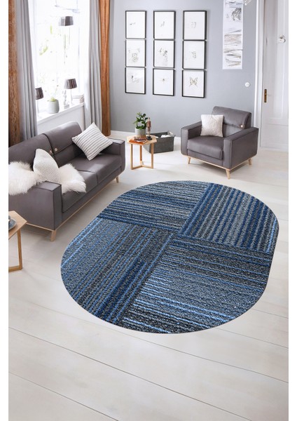 Dijital Kaymaz Yıkanabilir Modern Desen Oval Yolluk Mutfak Salon Halısı, N-O-Modern-34-Mavi, indirimleri