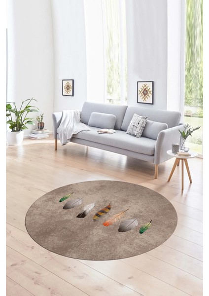 Dijital Kaymaz Taban Yıkanabilir Modern Desen Yuvarlak Mutfak Salon Halısı, N-Y-Modern-115-Kahve,