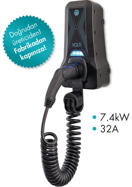 Elektrikli Araç Şarj Istasyonu - Tip-2, 7.4 Kw, 32a, 230v Ac, Spiral Kablo, Togg/tesla Uyumlu