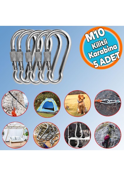 Kilitli 10 mm Karabina Yaylı Kanca Paslanmaz Çelik Kilit Tırmanma Olta Kamp Ekipmanları Hamak Anahtar Askı Kilidi (5 Adet)