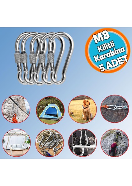 Kilitli 8 mm Karabina Yaylı Kanca Paslanmaz Çelik Kilit Tırmanma Olta Kamp Ekipmanları Hamak Anahtar Askı Kilidi (5 Adet)