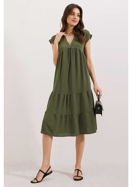 2398 V Yaka Volanlı Elbise - Haki fiyatları