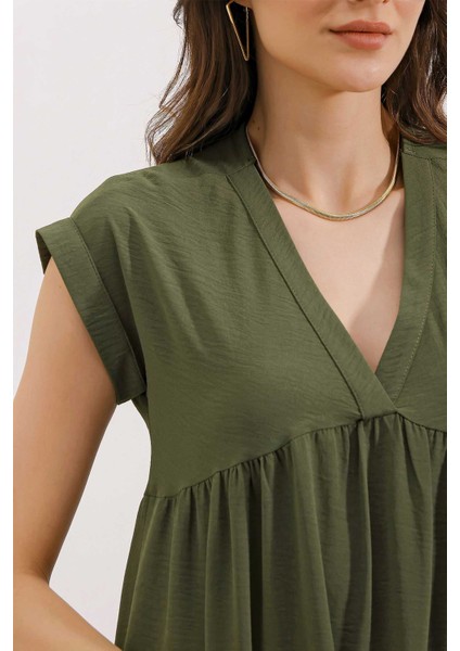2398 V Yaka Volanlı Elbise - Haki modelleri