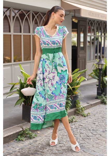 1701 Bel Lastik Desenli Elbise - Yeşil