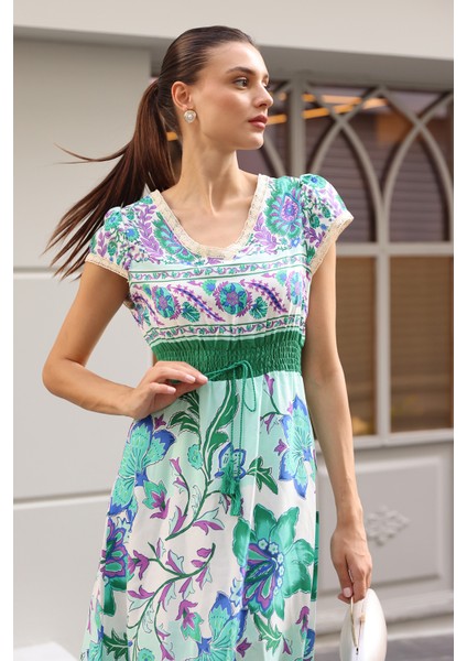 1701 Bel Lastik Desenli Elbise - Yeşil fiyatları