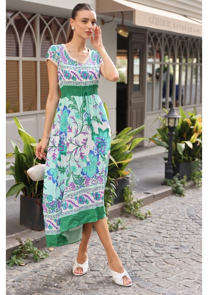 1701 Bel Lastik Desenli Elbise - Yeşil modelleri