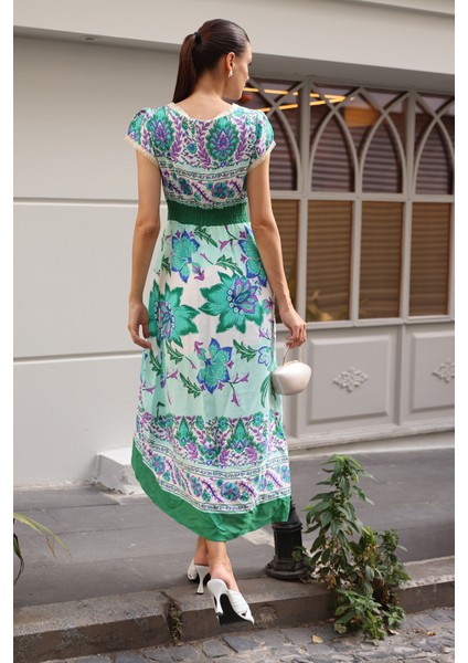 1701 Bel Lastik Desenli Elbise - Yeşil fırsatları