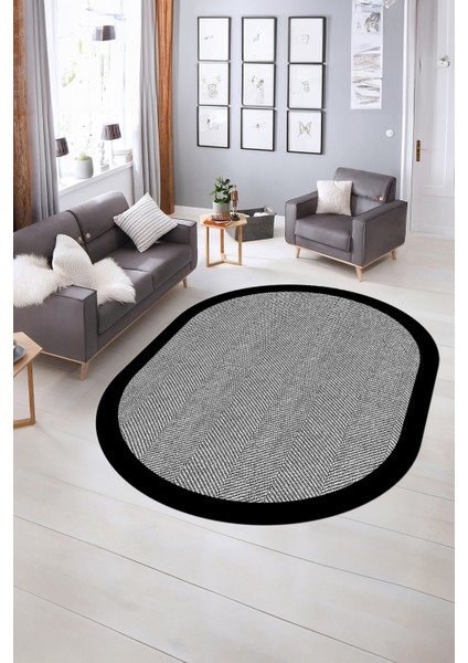 Dijital Kaymaz Yıkanabilir Jüt-Hasır Desen Oval Yolluk Mutfak Salon Halısı, N-O-Jüt-06-Siyah,