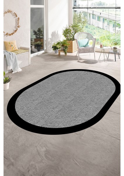Dijital Kaymaz Yıkanabilir Jüt-Hasır Desen Oval Yolluk Mutfak Salon Halısı, N-O-Jüt-06-Siyah,