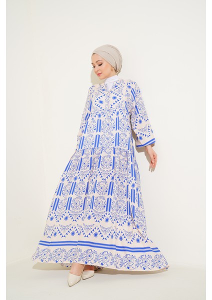 2423 Otantik Desenli Elbise - Krem