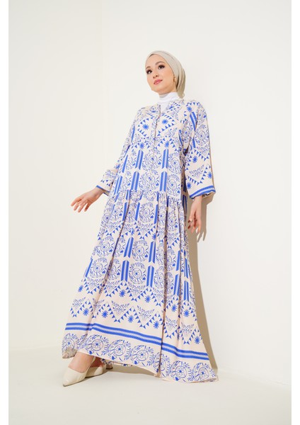 2423 Otantik Desenli Elbise - Krem modelleri