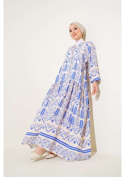 2423 Otantik Desenli Elbise - Krem fırsatları