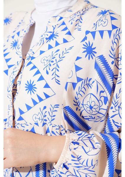 2423 Otantik Desenli Elbise - Krem indirimleri