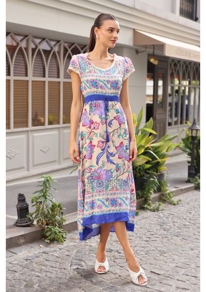 1701 Bel Lastik Desenli Elbise - Pudra