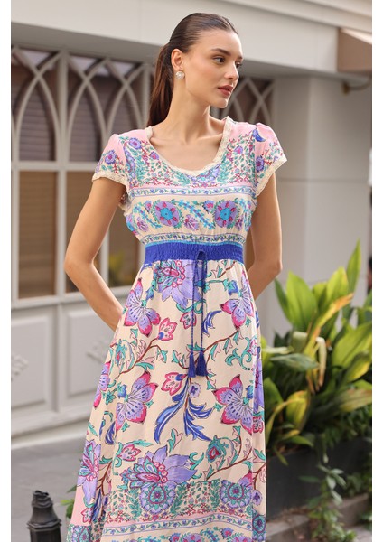 1701 Bel Lastik Desenli Elbise - Pudra fiyatları