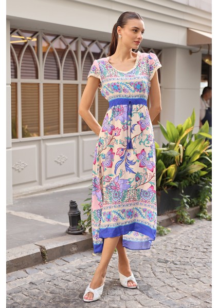 1701 Bel Lastik Desenli Elbise - Pudra modelleri