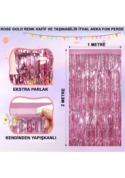 Rose Gold Renk Ekstra Metalize Parlak Saçaklı Arka Fon Perde Ithal 1x2 Metre