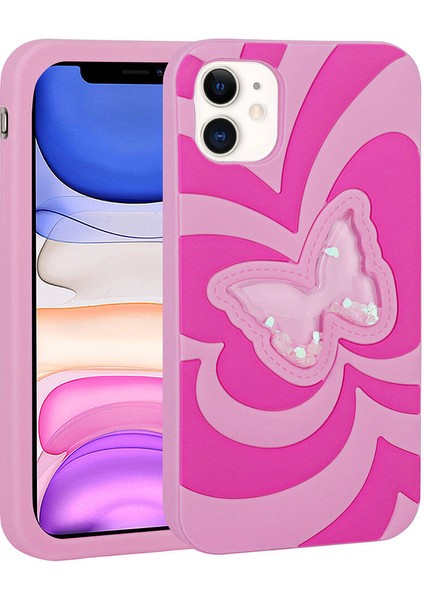 Apple iPhone 11 - Uyumlu Sıvılı Simli Kelebekli Tasarım Zore Vodena Kapak-Pembe Koyu