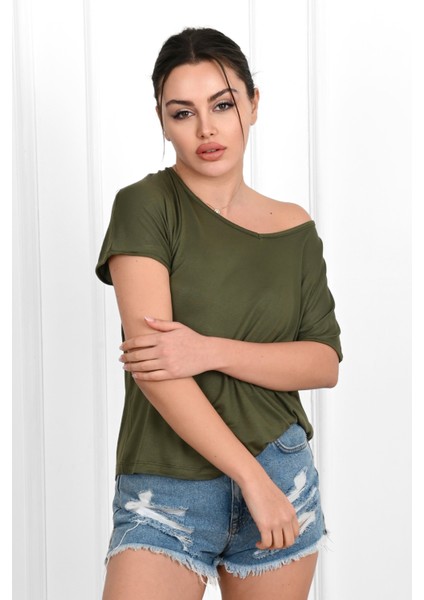 Kadın V Yaka Kısa Kollu T-Shirt 1478-23