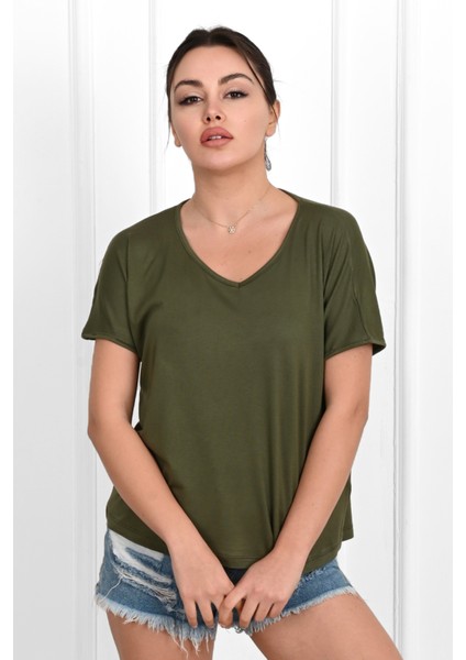 Kadın V Yaka Kısa Kollu T-Shirt 1478-23 indirimleri