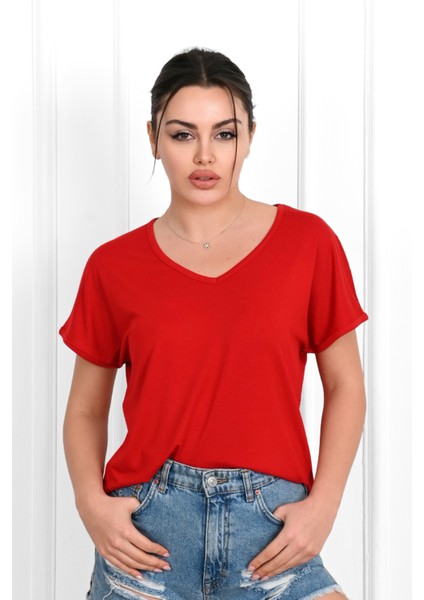 Kadın V Yaka Kısa Kollu T-Shirt 1478-23