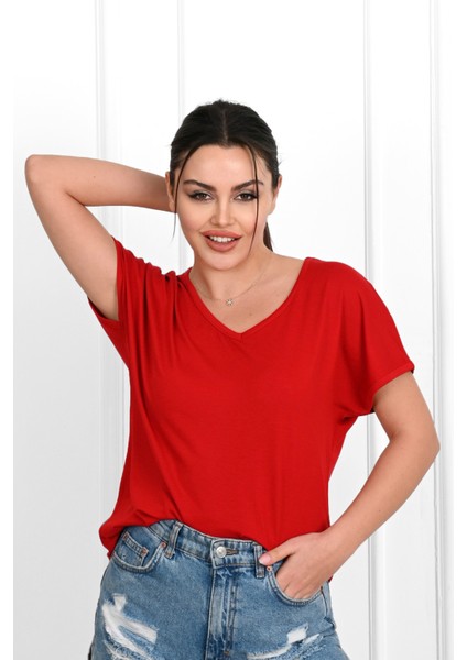 Kadın V Yaka Kısa Kollu T-Shirt 1478-23 fiyatları