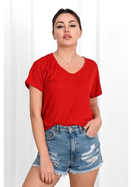 Kadın V Yaka Kısa Kollu T-Shirt 1478-23 modelleri