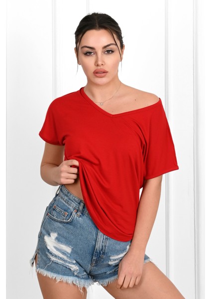 Kadın V Yaka Kısa Kollu T-Shirt 1478-23 indirimleri
